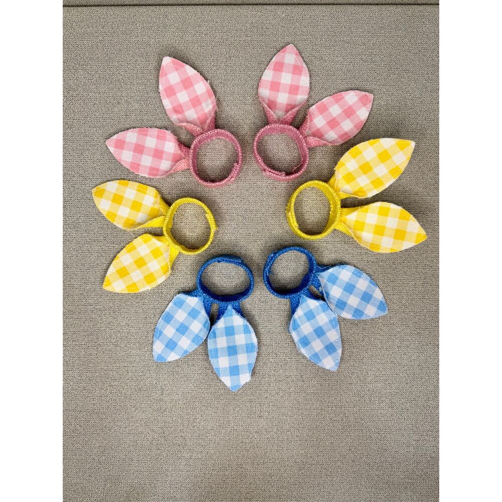 Set of 6 Easter Bunny Ear Napkin Rings Gingham Pink‎ Yellow Blue Spring Decor